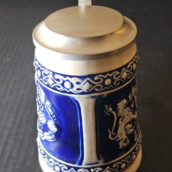 Vtg. Gerz German Zinc Lidded Beer Stein Cobalt Blue Koptenumab Gotterhalt's - Picture 5 of 12